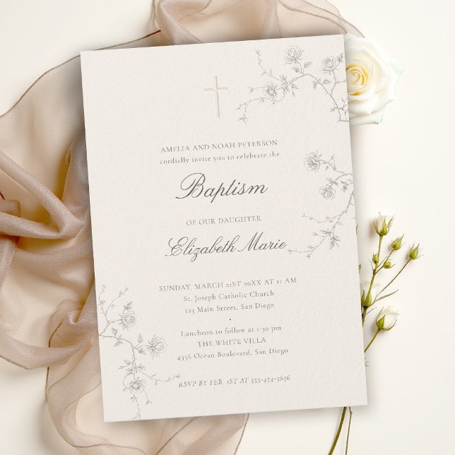 Convite Jardim de Rosas Silvestres Clássico Moderno Ecru B (baptism invitation card classic elegant wild rose wildflowers holy cross christening blessing church)