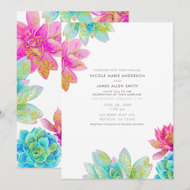 Convite Jardim de Verão Rosa Brilhante e Azul Turquesa par (Frente/Verso)