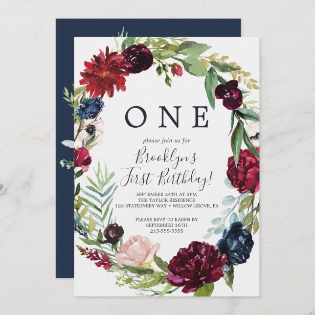 Convite Jardim do outono | Burgundy Wreath First Birday (Frente/Verso)