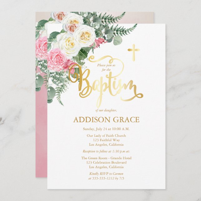 Convite Jardim Elegante de Rosa - Batismo Menina - Dourado (Frente/Verso)