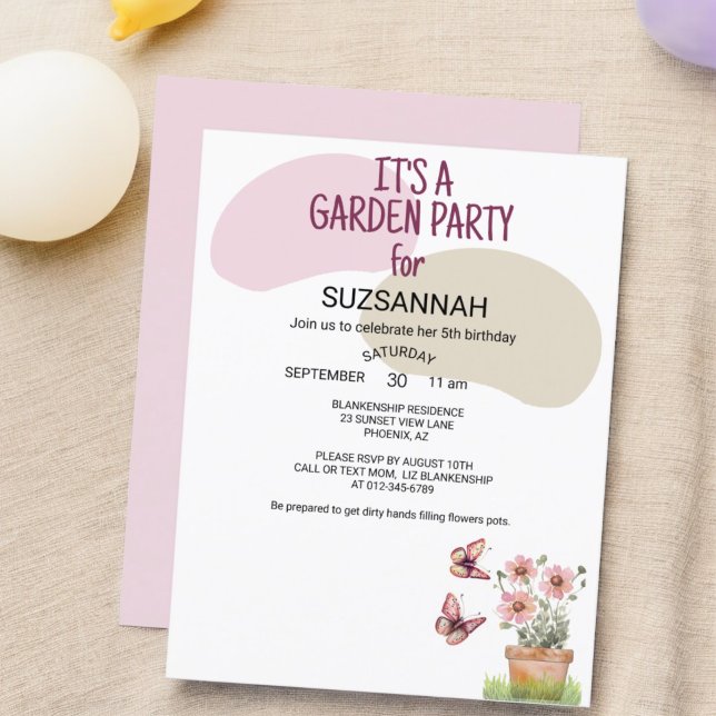 Convite Jardim Floral Borboletas Libélulas Aquarela (front and back garden party invitation template)
