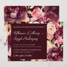 Convite Jardim Floral Borgonha Script caligrafia Casamento