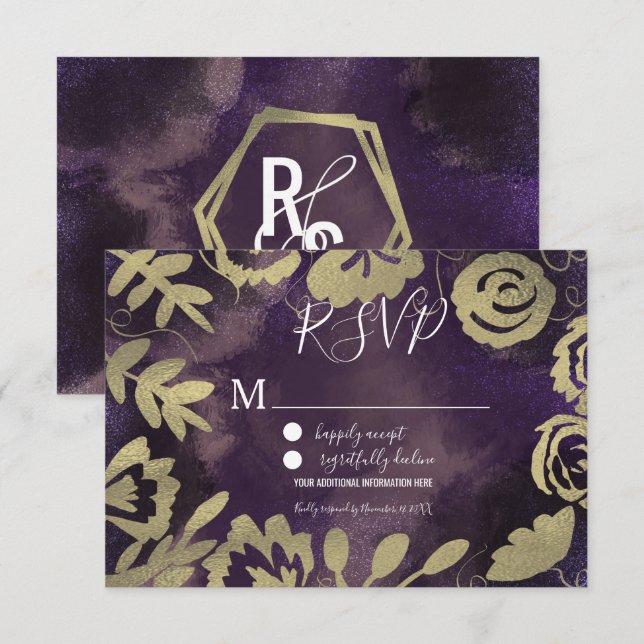 Convite Jardim Floral Botânico Rosa Dourado Roxo Casamento (Frente/Verso)