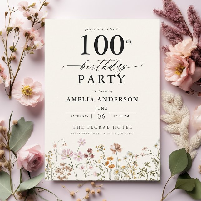 Convite Jardim Floral Caligrafia 100º Aniversário (Criador carregado)