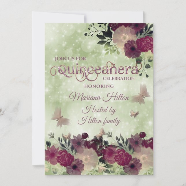 Convite Jardim floral de borboletas verdes Quinceañera (Frente)