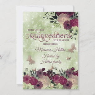 Convite Jardim floral de borboletas verdes Quinceañera