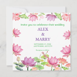 Convite Jardim Floral de Lótus Rosa em Aquarela CASAMENTO