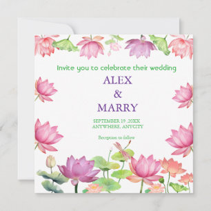 Convite Jardim Floral de Lótus Rosa em Aquarela CASAMENTO