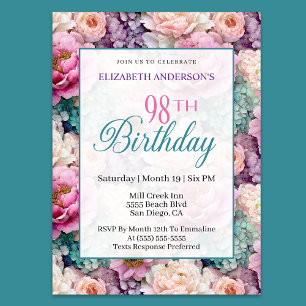 Convite Jardim Floral Pastel Elegante de 98 Anos de Idade