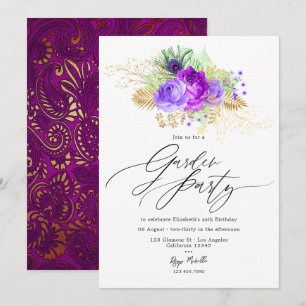 Convite Jardim Floral Roxo e Dourado Inspirado no Mardi Gr