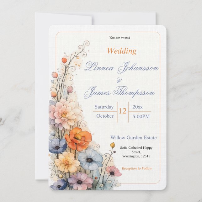 Convite Jardim Mínimo de Flores Silvestres Casamento de Fl (Frente)