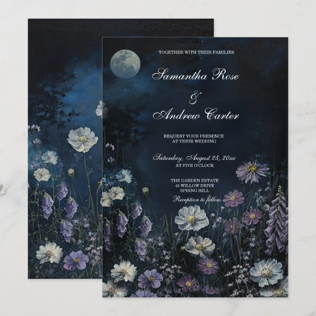 Convite Jardim Noturno de Casamento com Floral Escuro de D (Frente/Verso)