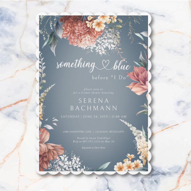 Convite Jardim Românico Algo Chá de panela Azul (Romantic Garden Something Blue Bridal Shower Invitation)