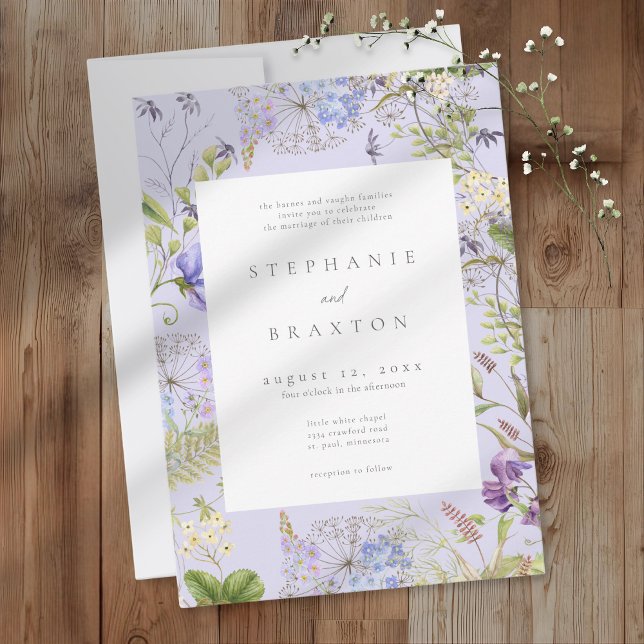 Convite Jardim Romântico de Flores Silvestres de Lavanda C (Lavender Wildflower Garden Romantic Wedding Invitation)