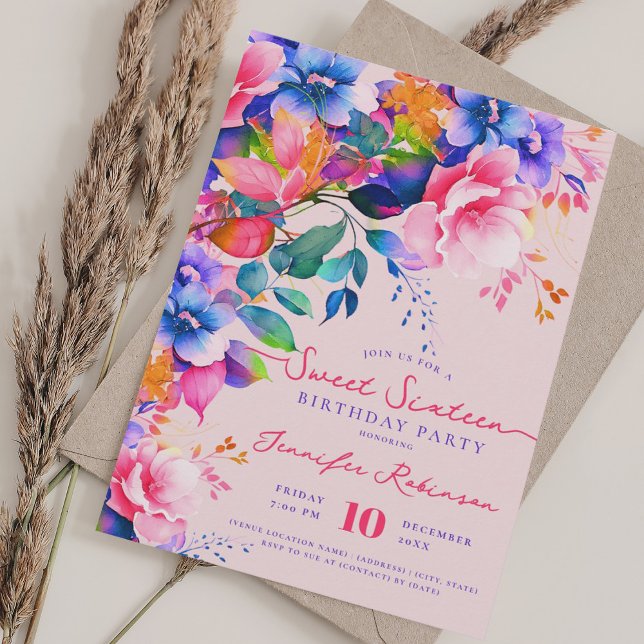 Convite Jardim Romântico Doce Floral 16 Blush de Aniversár (Romantic Garden Floral Sweet 16 Birthday Blush Invitation)