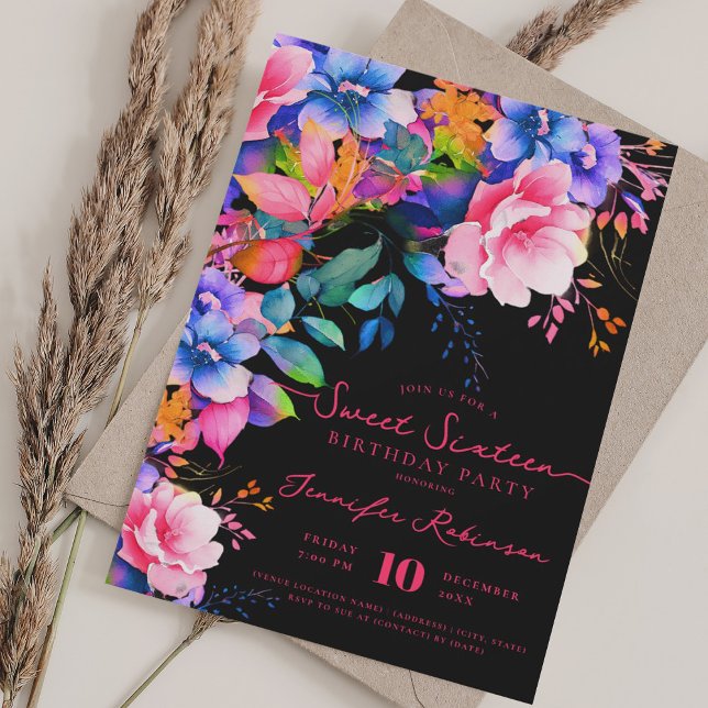 Convite Jardim Romântico Doce Floral 16 Preto de Aniversár (Romantic Garden Floral Sweet 16 Birthday Black Invitation)