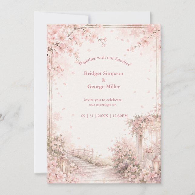 Convite Jardim Romântico Sakura Felicidade Nupcial (Frente)