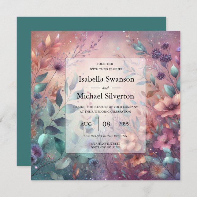 Convite Jardim Secreto em Casamento Brilhante à Noite (Frente/Verso)