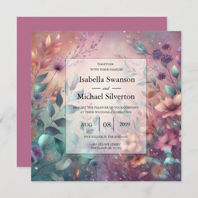 Convite Jardim Secreto em Casamento Brilhante à Noite (Frente/Verso)