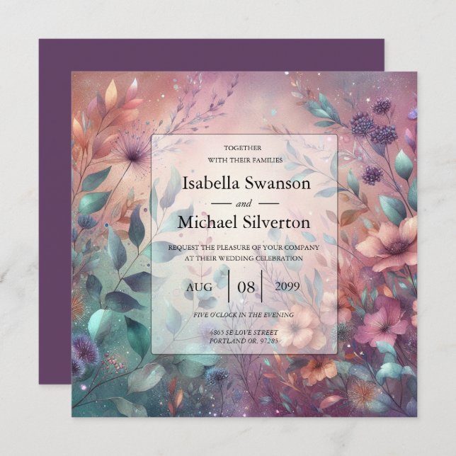 Convite Jardim Secreto em Casamento Brilhante à Noite (Frente/Verso)