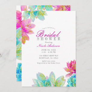 Convite Jardim Teal Rosa Brilhante Sucultiva Chá de panela