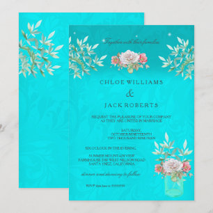 Convite Jarra de Mason Floral Azul Casamento Rosa Branco R