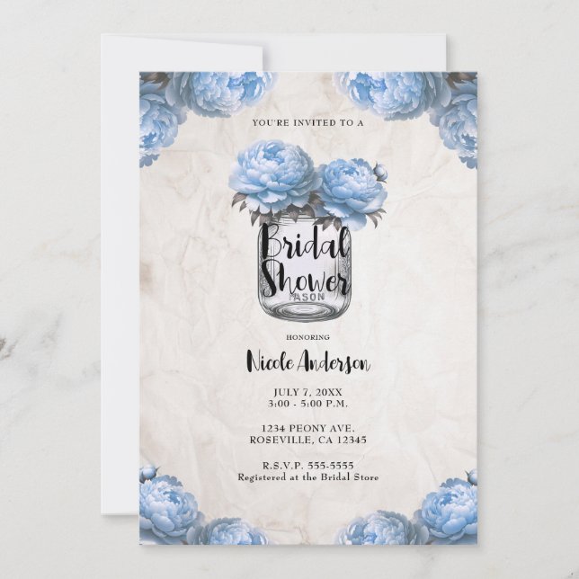 Convite Jarra de Pedra Light Blue Peony Casamento Rústico  (Frente)