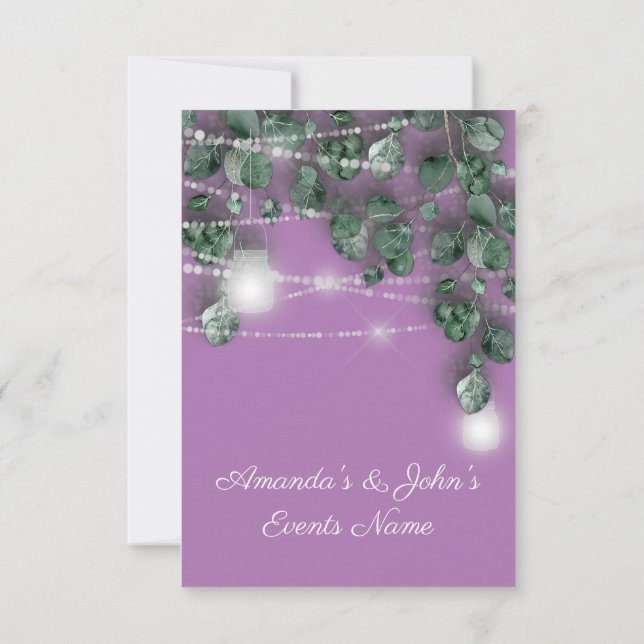 Convite Jarras de Luzes de Casamento Rústicas Verde Roxo H (Verso)