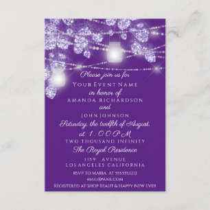 Convite Jarras de Luzes de Casamento Rustico Brilho Roxo V