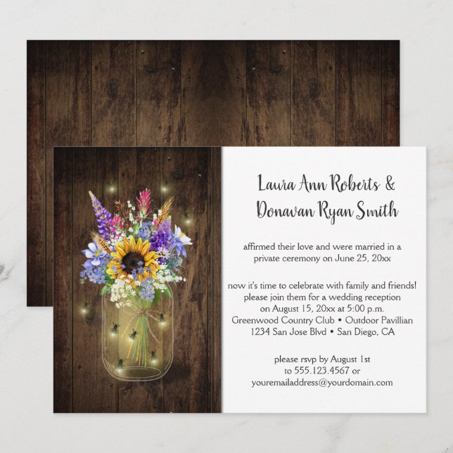 Convite Jarras de Mason com Vaga-lumes e Flores Silvestres (Frente/Verso)