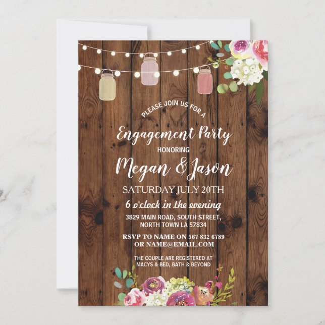 Convite Jars Festa de noivado Rustic Wood Floral Invite (Frente)
