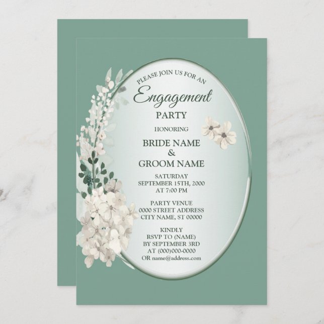 Convite Jasmine Floral Green Geometric Engagement Party (Frente/Verso)