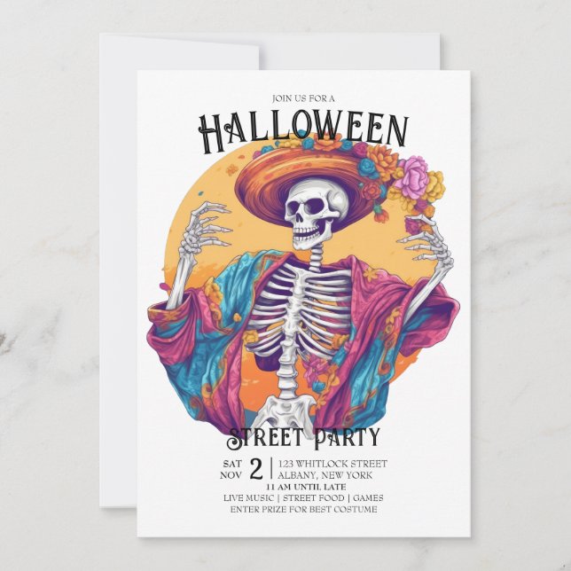 Convite Jaunty Skeleton Flamboyant Dance Halloween Party (Frente)