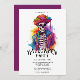 Convite Jaunty Skeleton Vibrant Watercolor Partido Hallowe