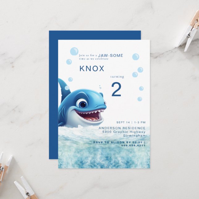 Convite Jaw-some Shark Bite Birthday Party Invitation (Frente/Verso In Situ)