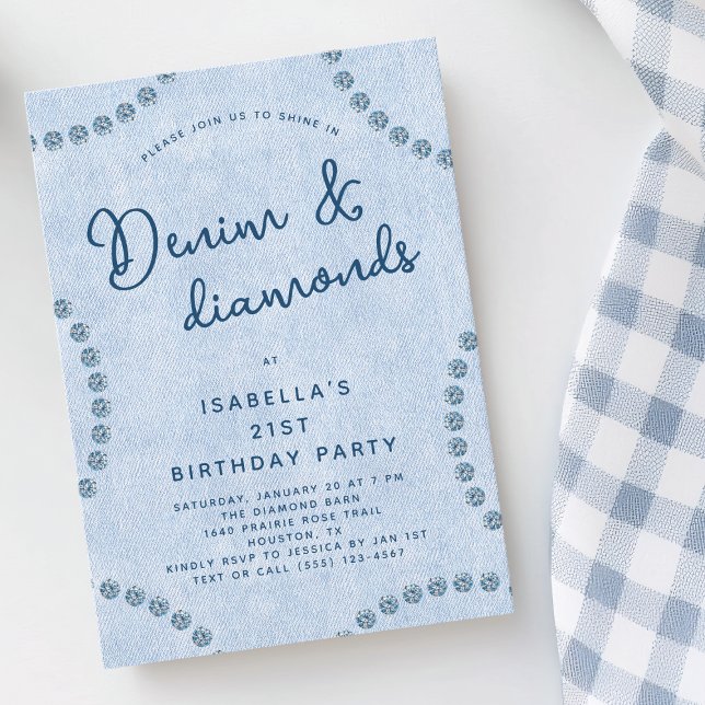 Convite Jeans azuis Denim e Festa aniversário de 21 anos d (Blue Jeans Denim and Diamonds 21st Birthday Party Invitation)