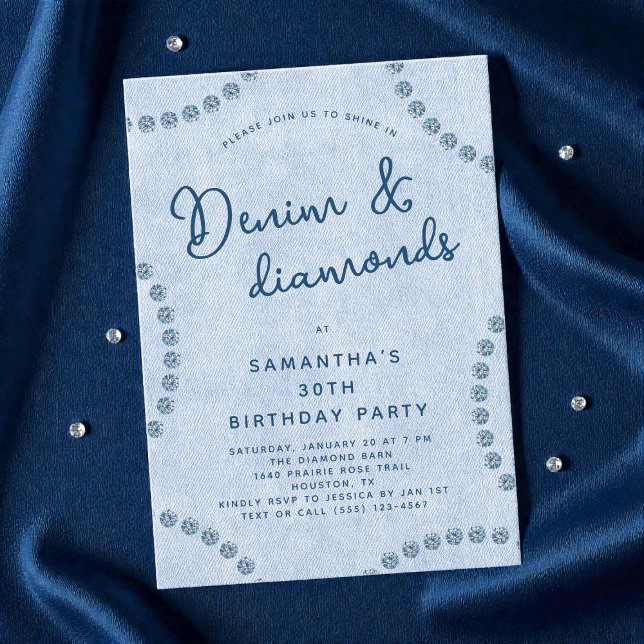 Convite Jeans azuis Denim e Festa aniversário de 30 anos d (Blue Jeans Denim and Diamonds 30th Birthday Party Invitation)