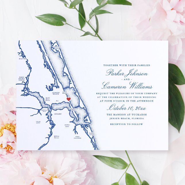 Convite Jensen Beach FL Mapa Elegante Marinho Casamento Az (Jensen Beach FL Map wedding invitation for an elegant navy blue Mansion wedding. Coastal Map Designs)
