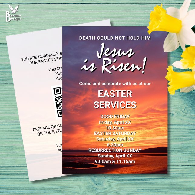 CONVITE JESUS RESSEGIU SERVIÇOS PERSONALIZADOS DE IGREJA P (JESUS IS RISEN Easter invitation for church services. All text customizable. Ideal for Christians.)