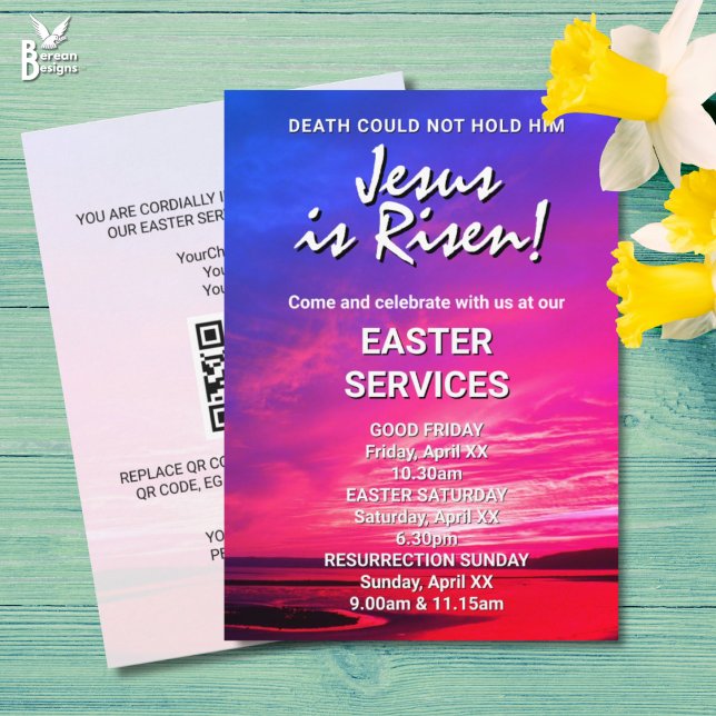 Convite JESUS RESUSCITOU Serviços Especiais de Páscoa na I (Vibrant JESUS IS RISEN invitation for Easter Church Services. All text is customizable. )