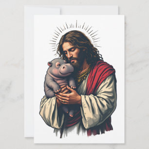 Convite Jesus segurando um hipopótamo bebê Moo Deng