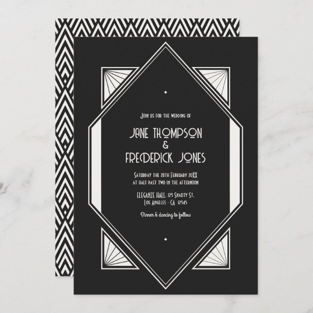 Convite Jet Black & Ivory Linen Art Deco Wedding Photo (Frente/Verso)
