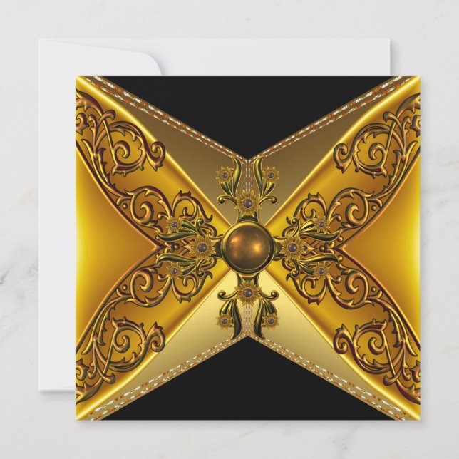 Convite Jewel Dourada Floral Negro 50º aniversário (Frente)