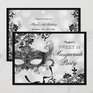 Convite Jewel Mask & Damask Silver Mascarada Sweet 16