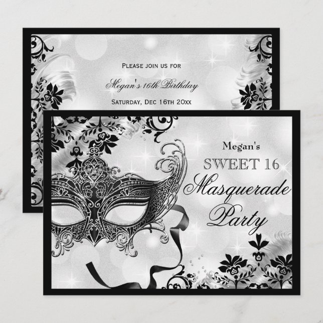 Convite Jewel Mask & Damask Silver Mascarada Sweet 16 (Frente/Verso)