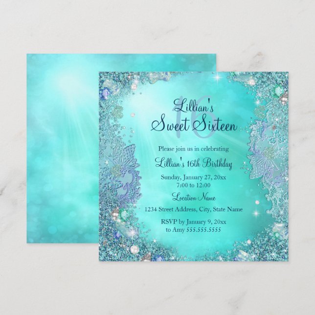 Convite Jewel Sweet 16 Festa de aniversário Teal Ocean (Frente/Verso)