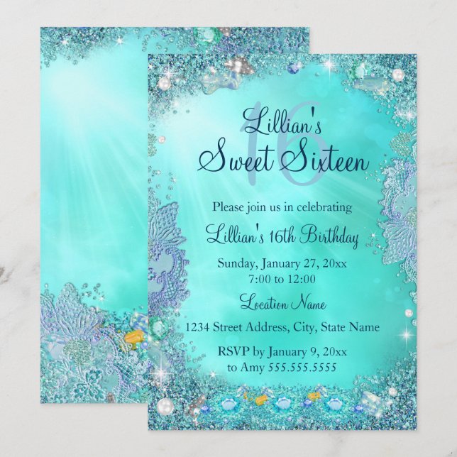 Convite Jewel Sweet Teal Ocean 16 Festa de aniversário 2 (Frente/Verso)
