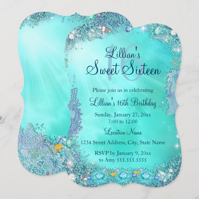Convite Jewel Sweet Teal Ocean 16 Festa de aniversário 2 (Frente/Verso)