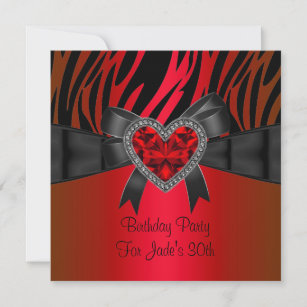 Convite Jewel Zebra do Coração Vermelho do aniversário de 