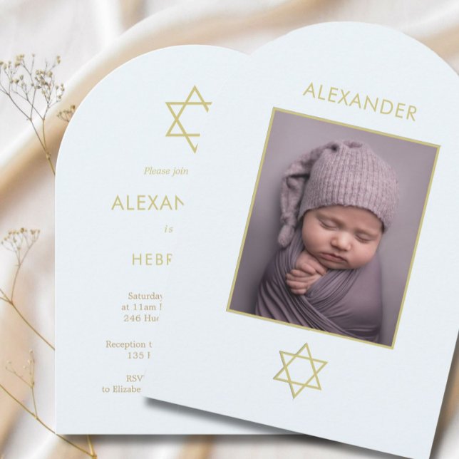 Convite Jewish Baby Boy Naming Photo Blue Dourado Religião (Criador carregado)